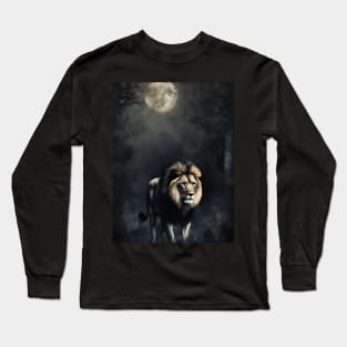 Lion in the Dark Foggy Forest Vintage Art Long Sleeve T-Shirt